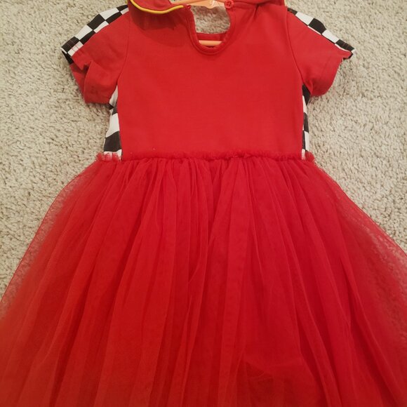 Red Kids Casual Dress with Checkered Sleeves - Picture 3 of 9